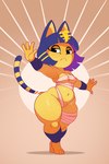 :< anthro bandage biped blue_hair breasts eyelashes female fingers hair mummy_wrappings navel pupils short_stack simple_background solo standing thick_thighs three-quarter_view uraeus yellow_body blen_bodega animal_crossing nintendo ankha_(animal_crossing) domestic_cat felid feline felis mammal 2025 2:3 absurd_res hi_res