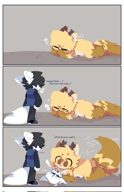 ambiguous_gender annoyed anthro antlers clothing dipstick_ears ear_markings feral fur gloves_(marking) group hair hoodie horn larger_feral laying_on_another leg_markings lying markings multicolored_ears on_front size_difference socks_(marking) tail text topwear trio white_body white_fur yellow_body yellow_fur eggley_(artist) canid canine fox mammal comic english_text hi_res