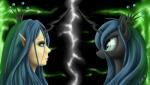 abstract_background alternate_species anthro crown duo female green_eyes green_hair hair headgear horn magic reflection smile zigword friendship_is_magic hasbro my_little_pony queen_chrysalis_(mlp) animal_humanoid arthropod changeling humanoid 2014 hi_res