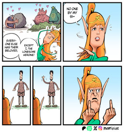 5_fingers armor beard belt big_nose black_beard black_eyebrows black_eyes black_facial_hair black_hair bottomwear boulder breasts brown_clothing brown_footwear brown_shoes clothing crown curled_tail dialogue dress eating eyebrows eyelashes facial_hair female fingers footwear gesture green_body green_clothing green_dress green_skin grey_bottomwear grey_clothing grey_pants group hair hand_gesture headgear heart_symbol helmet hug humanoid_pointy_ears humor light_body light_skin lips long_ears male middle_finger nude orange_hair pants pink_body pink_skin pointy_ears pointy_nose ponytail purple_beard purple_facial_hair rock rope rope_belt shoes short_hair simple_face smile tail tan_body tan_skin text tiara viking_helmet waving yellow_sclera merrivius elf_comic dwarf_(merrivius) elf_(merrivius) human_(merrivius) orc_(merrivius) domestic_pig dwarf elf human mammal orc suid suine sus_(pig) comic english_text hi_res