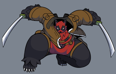 anthro belt clothing dual_wielding fighting_pose holding_object holding_weapon jacket katana male melee_weapon overweight pose solo sword topwear weapon wide_hips imquitesleepy marvel deadpool pandapool bear giant_panda mammal hi_res