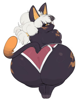 anthro barefoot big_butt black_body black_fur bottomwear breasts butt clothed clothing dolphin_shorts eyelashes feet feet_together female fur fur_markings hair huge_butt looking_back markings narrowed_eyes red_bottomwear red_clothing red_shorts shorts simple_background solo topless white_background white_hair yellow_eyes graev unnamed_cat_(holloww) domestic_cat felid feline felis mammal 2026