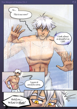bruised condensation dialogue hair male mirror scar solo speech_bubble steam tan_body tan_skin text towel white_hair wounded yellow_eyes fanimal_creations the_weight_of_scales drake_(the_weight_of_scales) human humanoid mammal comic english_text hi_res