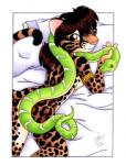 2007 amber_eyes anthro brown_hair duo felid female hair low_res mammal michele_light reptile scalie signature snake