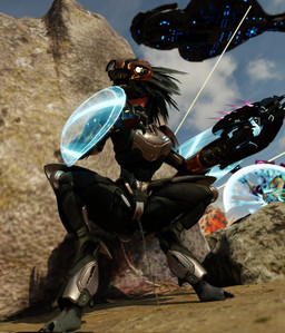 anthro arm_feathers arm_shield arm_tuft armor barefoot battle beak black_body black_feathers bodily_fluids bodysuit clothing crotchless_clothing crouching dangerous digitigrade energy_shield explosion feather_hair feathered_crest feathers feet female genital_fluids genitals grey_body grey_scales head_crest needler open_crotch open_mouth outside peeing pseudo_hair risky scales shootout skinsuit solo spacecraft tight_clothing tuft urine urine_stream vehicle vulva war the_texorcist pickle_juice_(modeler) halo_(series) microsoft xbox_game_studios alien avian ibie'shan kig-yar scalie t'vaoan 3d_(artwork) colored digital_media_(artwork) hi_res