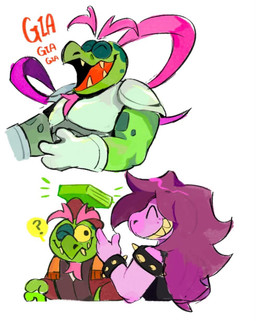 anthro armor book duo female freckles green_body hair male purple_body purple_hair simple_background text white_background ache13337003 deltarune undertale_(series) gerson_boom_(deltarune) susie_(deltarune) reptile scalie turtle 2025 hi_res