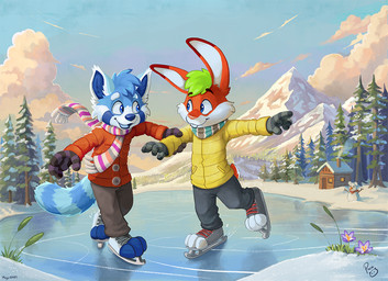 anthro blue_body blue_eyes blue_fur blue_hair blue_sky bottomwear brown_bottomwear brown_clothing brown_pants cheek_tuft closed_smile clothed clothing cloud day dipstick_ears duo ear_markings eye_contact facial_markings facial_tuft flower footwear fur grey_bottomwear grey_clothing grey_pants hair head_markings ice_skates jacket looking_at_another male markings mouth_closed multicolored_ears open_mouth open_smile outside pants plant purple_flower red_body red_clothing red_fur red_jacket red_topwear short_hair sky smile snowman teeth topwear tree tuft white_body white_fur yellow_clothing yellow_jacket_(clothing) yellow_topwear young young_anthro young_male pandapaco ailurid lagomorph leporid mammal rabbit red_panda