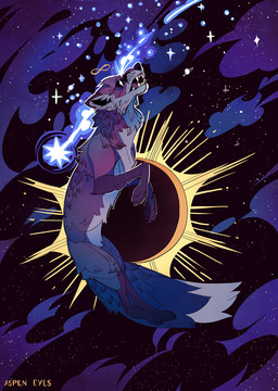 ambiguous_gender black_eyes blue_body blue_fur countershading eclipse fangs feral floating fur glowing glowing_eyes grey_body grey_countershading moon open_mouth purple_body purple_fur solo space spacescape star sun teeth aspeneyes canid canine canis mammal wolf hi_res purple_theme