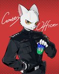 anthro beverage beverage_can black_eyes clothing fur hand_on_hip male pockets police police_uniform red_background simple_background soda solo text uniform white_body white_fur yellow_sclera mmmmaus sprite_(soda) white_cat_legend li_bing_(white_cat_legend) domestic_cat felid feline felis mammal 2020 chinese_text english_text hi_res