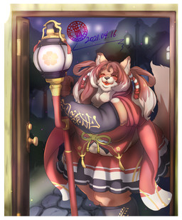 anthro asian_clothing belly big_breasts black_nose blue_eyes blush breasts brown_body brown_fur brown_hair clothing door doorway dress east_asian_clothing female female_anthro fur hair holding_object holding_staff japanese_clothing lamp lips long_hair navel night overweight overweight_anthro overweight_female raised_tail red_clothing red_dress red_lips solo staff standing tail white_hair_tips sasanoha6011 tamaco_(sasanoha6011) canid canine fox mammal 2021 hi_res