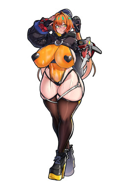 2_horns ahoge areola areola_slip big_breasts black_clothing black_fingerless_gloves black_footwear black_gloves black_handwear black_horn black_jacket black_panties black_shoes black_thong black_topwear black_underwear blade blue_clothing blue_hat blue_headwear blush blush_lines bodily_fluids bodypaint bracelet breasts brown_clothing brown_legwear brown_thigh_highs camel_toe clothing cropped_jacket crying duo excessive_sweat eyebrows female fingerless_gloves footwear gesture glistening glistening_body glistening_clothing glistening_skin gloves green_eyes hair handwear hat headgear headwear heart_pasties high_heels hood hood_down horn huge_breasts humanoid_pointy_ears jacket jewelry legwear living_tail long_ears long_hair navel orange_hair orange_pupils panties pasties pointy_ears puffy_sleeves pupils raised_inner_eyebrows red_pupils salute shoes simple_background skindentation sweat sweaty_body sweaty_skin tail teal_eyes tears thick_thighs thigh_highs thong topwear twintails_(hairstyle) underwear unusual_anatomy unusual_tail ventral_groove wet wet_body wet_skin white_background wide_hips yellow_sclera mold_(pixiv6616319) mihoyo zenless_zone_zero magus_(zenless_zone_zero) orphie_magnusson chimera chimera_humanoid horned_humanoid humanoid tailed_humanoid 2026 3d_(artwork) absurd_res digital_drawing_(artwork) digital_media_(artwork) full-length_portrait hi_res mixed_media portrait