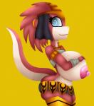 anthro areola armor big_breasts big_butt breasts butt clothing female huge_breasts nipples non-mammal_breasts non-mammal_nipples simple_background smile solo duzell ever_oasis nintendo miura drauk lizard reptile scalie