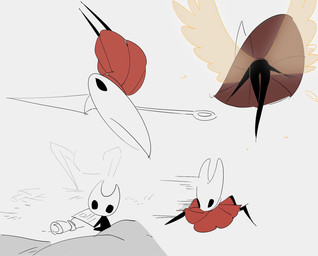 2_horns aged_down ambiguous_gender black_body black_eyes cloak clothed clothing empty_eyes holding_object holding_paper horn melee_weapon motion_lines nude paper red_cloak red_clothing sitting solo weapon weapon_on_ground wings du_dang hollow_knight_(franchise) team_cherry hornet_(hollow_knight) arachnid arthropod 2025 hi_res
