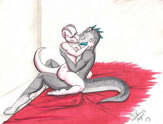 albino anthro bed breasts duo female from_front_position furniture grey_body kissing lizard_tail male male/female nude nude_anthro nude_female nude_male on_bed pink_body scales sex sharp_teeth sitting sitting_on_bed tail teeth shawnthegirl cyrrus_(bahumot) shannon_(bahumot) allosauroid carcharodontosaurid carcharodontosaurus dinosaur kobold lizard prehistoric_species reptile saurischian scalie theropod 2015 dated digital_media_(artwork) signature