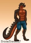 abs anthro black_body bottomwear clothed clothing denim denim_bottomwear denim_clothing denim_shorts hand_in_pocket looking_at_viewer male muscular muscular_anthro muscular_male orange_body pockets shorts solo text topless demalyxdragon grim_(grimsaurus) ceratosaurid ceratosaurus dinosaur prehistoric_species reptile scalie theropod url watermark