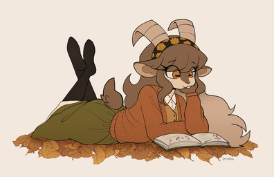 accessory anthro book bottomwear brown_eyes clothing female hair_accessory hairband horizontal_pupils horn leaf pupils skirt solo okaliz adeline_(okaliz) bovid caprine goat mammal hi_res