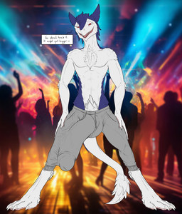 anthro balls big_balls big_bulge big_penis big_tail bottomwear bulge claws clothed clothing clubhouse dance_floor detailed_bulge dialogue down_the_leg_bulge fluffy fluffy_chest genitals glans hands_on_legs huge_balls huge_bulge huge_penis humanoid_genitalia humanoid_penis hyper hyper_balls hyper_genitalia hyper_penis inviting_viewer male offering_to_viewer pants paws penis pose presenting pubes pubes_exposed public public_erection public_exposure rave red_eyes revealing_outfit seductive skimpy solo spread_legs spreading sweatpants tail talking_to_viewer text tight_bottomwear tight_bulges tight_clothing tight_pants tight_underwear underwear conditional_dnp samagthrav2 intaro sergal absurd_res english_text hi_res pinup