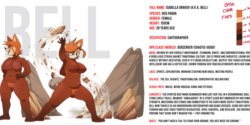 anthro big_breasts breasts color_swatch elemental_manipulation female genitals innie_vulva missing_tail nude sharp_teeth slightly_chubby slightly_chubby_female solo teeth text thick_thighs vulva wide_hips argosornstein bell_drakov ailurid mammal red_panda absurd_res english_text hi_res model_sheet