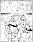 anthro bandit_(disambiguation) black_and_white bottomwear bulge clothing comic dialogue digital_drawing_(artwork) digital_media_(artwork) duo english_text hyena loincloth male mammal monochrome reagan700 spotted_hyena text