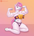 anthro biceps big_breasts breasts clothed clothing female fingers flexing flexing_bicep flexing_both_biceps flexing_muscles fur hair horn looking_at_viewer muscular muscular_anthro muscular_female pink_hair simple_background skimpy smile solo unicorn_horn white_body white_fur wrestler wrestling_belt unibro_pi mythology huniepi equid equine mammal mythological_creature mythological_equine unicorn absurd_res digital_media_(artwork) hi_res