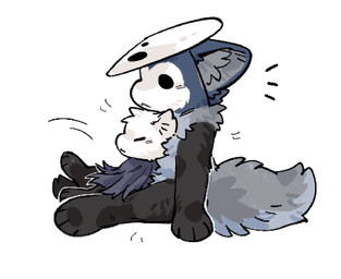 ambiguous_gender anthro biped black_body black_eyes black_fur clothing duo empty_eyes eyes_closed fluffy fluffy_tail fur grey_body grey_fur inner_ear_fluff larger_ambiguous mask motion_lines mouth_closed paws simple_background sitting size_difference smaller_ambiguous tail tuft white_background white_body white_fur aaasakawa hollow_knight_(franchise) team_cherry quirrel_(hollow_knight) the_knight_(hollow_knight) canid canine mammal 2026 male_(lore)