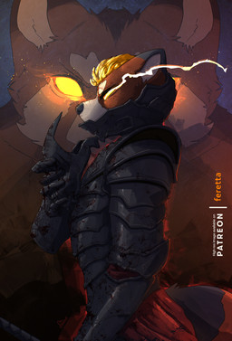 anthro armor black_body black_fur blonde_hair blood blood_on_armor blood_on_face bodily_fluids fiery_eyes full_armor fur hair male orange_body orange_fur plate_armor side_view white_body white_fur feretta feretta_(character) ailurid mammal red_panda 2026 hi_res