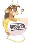 anthro big_breasts breasts clothed clothing curvy_figure female fur hair horn huge_breasts humor joke question_mark shirt simple_background solo text text_on_clothing text_on_shirt text_on_topwear topwear slightlysimian european_mythology greek_mythology mythology molly_(slightlysimian) bovid bovine cattle mammal minotaur 2019 digital_media_(artwork) english_text hi_res