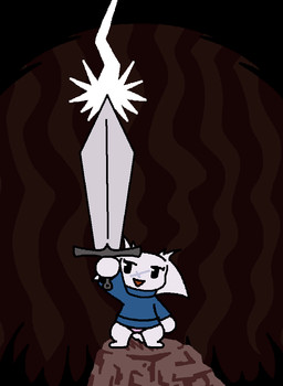 anthro barefoot big_sword black_eyes blue_clothing blue_sweater blue_topwear clothing eyelashes facial_scar featureless_feet featureless_hands feet female female_anthro floppy_ears fur holding_melee_weapon holding_object holding_sword holding_weapon looking_at_object lop_ears melee_weapon open_mouth open_smile panties pink_clothing pink_panties pink_underwear raised_arm scar smile solo standing sweater sword tail topwear underwear weapon white_body white_ears white_fur white_tail x_scar eternaldrunk cave_story sue_sakamoto lagomorph mammal mimiga 2025 digital_media_(artwork)