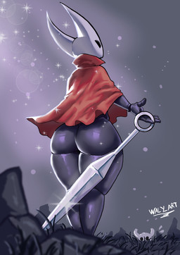 2_horns 5_fingers ambiguous_gender big_butt biped black_body black_exoskeleton black_eyes bottomless butt clothed clothing duo exoskeleton female female_focus fingers grass holding_object holding_weapon horn no_pupils plant rear_view solo_focus sparkles text thick_thighs weapon white_body white_exoskeleton white_text wide_hips walyart hollow_knight_(franchise) team_cherry hornet_(hollow_knight) the_knight_(hollow_knight) arthropod humanoid vessel_(species) 2025 absurd_res artist_name english_text hi_res