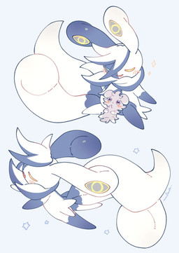 2_tails 4_eyes ambiguous_gender anthro bilateral_gynandromorphis blue_body blue_eyes blue_fur blush duo eyes_closed fangs feral fur gloves_(marking) heterochromia leg_markings markings multi_eye multi_tail multicolored_body multicolored_fur open_mouth pink_body pink_fur purple_eyes simple_background size_difference socks_(marking) sparkles star tail teeth two_tone_body two_tone_fur unusual_anatomy unusual_eye_placement white_background white_body white_fur white_tail yellow_eyes nullma nintendo pokemon pokemon_legends_z-a espurr felid feline generation_6_pokemon generation_9_pokemon mammal mega_evolution mega_meowstic pokemon_(species) shiny_pokemon digital_media_(artwork) hi_res signature
