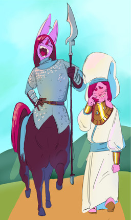 anthro armor belt chainmail clothing duo ear_piercing ear_ring eyes_closed facial_piercing fantasy female footwear gauntlets gem gloves gold_(metal) halberd handwear headdress hooves jewelry laugh long_ears male male/female melee_weapon nose_piercing piercing polearm ring_piercing sandals shoes size_difference spear sunny walking weapon wiping_tears hocolatemilk snivybatt bat equid equid_taur lagomorph leporid mammal mammal_taur rabbit taur absurd_res hi_res