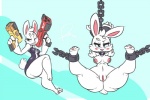 anthro ball_gag bdsm blush bondage bound breasts chain clothing female gag gagged gun holding_gun holding_object holding_ranged_weapon holding_weapon nipples ranged_weapon short_stack smile solo spread_legs spreading weapon wide_hips pizzacat cupcake_(oriole) lagomorph leporid mammal rabbit