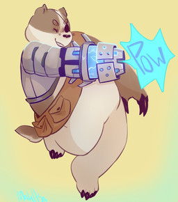 1_eye anthro arm_cannon cybernetic_arm cybernetic_limb cybernetics disability eye_patch eyewear machine male overweight overweight_anthro overweight_male prosthetic prosthetic_arm prosthetic_limb slightly_chubby solo mtillsa cartoon_network mao_mao:_heroes_of_pure_heart badgerclops badger cyborg mammal mustelid musteline hi_res