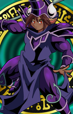 anthro card_template clothing costume male parody pattern_background pose simple_background solo mtapartstuff las_lindas yu-gi-oh! dark_magician minos bovid bovine duel_monster mammal absurd_res digital_media_(artwork) hi_res