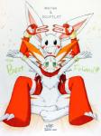 anthro black_eyes bracelet claws cute_fangs duo fangs fur green_eyes horn jewelry male pose red_body red_fur scarf sitting smile teeth text white_body white_fur akabane_jin matra soufflot lagomorph leporid mammal rabbit english_text hi_res signature traditional_media_(artwork)