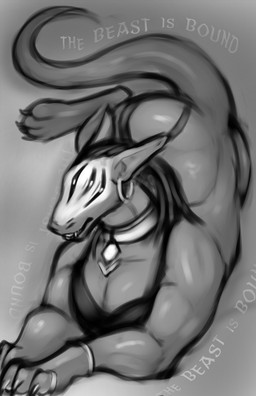 after_transformation bra claws clothing collar ear_piercing ear_ring female feral hair long_hair multi_eye paws piercing ring_piercing smile solo tail teeth text underwear daf demon absurd_res comic english_text greyscale hi_res monochrome