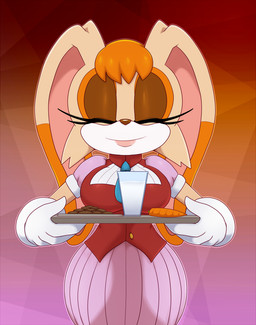 anthro breasts brown_nose carrot clothed clothing cookie cravat dipstick_ears dress ear_markings eyelashes eyes_closed female food front_view fully_clothed gloves gradient_background hair handwear holding_tray lipstick long_ears makeup markings mature_anthro mature_female milk multicolored_ears orange_hair pattern_background plant puffy_sleeves simple_background smile solo tan_body topwear tray vegetable vest bigdon1992 sega sonic_the_hedgehog_(series) vanilla_the_rabbit domestic_rabbit lagomorph leporid lop_rabbit mammal oryctolagus rabbit digital_media_(artwork) hi_res portrait three-quarter_portrait