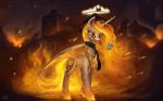 16:10 2015 alternate_color building burning_building clothing cutie_mark daybreaker_(mlp) digital_media_(artwork) equid equine feathered_wings feathers female feral fire friendship_is_magic gold_(metal) halo hasbro hat headgear headwear hi_res horn jewelry mammal mostly_nude my_little_pony mythological_creature mythological_equine mythology necklace photonoko ruins scarf solo warm_colors white_body white_feathers widescreen winged_unicorn wings yellow_eyes