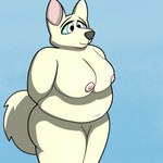 anthro belly big_belly big_breasts big_butt breasts butt exposed_breasts female hands_behind_back nipples nude overweight shy simple_background smile solo tail thick_thighs tylernobody canid canine canis domestic_dog mammal 1:1 absurd_res hi_res shaded simple_shading