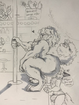 alcohol ambiguous_gender anthro bar bar_stool bartender beverage big_bulge big_butt big_hands biped blush bodily_fluids bottle bulge butt butt_in_face butt_sniffing cheek_tuft chest_tuft claws clothed clothing collar container crouching cup dancing drinking_glass dripping duo_focus emanata face_in_ass facesitting facial_tuft fire fluffy fluffy_tail flying_sweatdrops furniture genital_fluids glass glass_container glass_cup group hair hair_over_eyes heart_reaction heart_symbol huge_butt inner_ear_fluff inner_monologue lapdance male male/male money motion_lines motion_outline nude offscreen_character pawpads pole pole_dancing precum precum_drip precum_through_clothing precum_through_underwear raised_tail repeated_internal_monologue repeated_text shot_glass sign sitting_on_another size_difference smile smirk sniffing standing stool strip_club stripper_pole sweat sweatdrop tail text thinking thong thought_bubble toe_claws topless tuft underwear underwear_only wet wet_clothing wide_eyed herbalyeen mythology ben_the_mastiff canid canine canis domestic_dog dragon fox mammal mastiff molosser mythological_canine mythological_creature mythological_scalie scalie werecanid werecanine werecreature werewolf black_and_white english_text graphite_(artwork) greyscale hi_res marker_(artwork) monochrome traditional_media_(artwork)