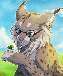 ambiguous_gender black_body black_fur blue_eyes cheek_tuft chest_tuft cloud clover_(plant) countershading ear_tuft eyewear facial_tuft feral fingerless_(marking) fluffy fur glasses grass grey_body grey_fur inner_ear_fluff outside pink_nose plant rectangular_glasses sky solo spots tuft whiskers white_body white_fur seylyn synx_(synxthelynx) felid feline lynx mammal 2013 signature