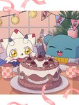 anthro blue_body blush cake claws cutlery dessert duo food fork horn kitchen kitchen_utensils male smile tools white_body yellow_eyes 3567days bandai_namco digimon digimon_ghost_game digimon_(species) espimon gammamon scalie