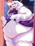 absurd_res anthro belly big_belly big_breasts big_butt blush book bookshelf bovid breasts butt caprine clothed clothing clothing_lift curtains delta_rune_(emblem) female fur furniture goat hi_res horn huge_belly inksplot inside lamp leaning_on_wall looking_down mammal morbidly_obese morbidly_obese_anthro morbidly_obese_female navel obese obese_anthro obese_female open_mouth overweight overweight_anthro overweight_female pink_eyes purple_clothing purple_eyes robe solo symbol thick_thighs tongue toriel undertale undertale_(series) weight_gain white_body white_fur window