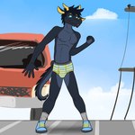 1:1 anthro black_body black_hair black_scales blep blue_briefs blue_clothing blue_eyes blue_footwear blue_sclera blue_shoes blue_sneakers blue_underwear briefs bulge car clothed clothing dancing day detailed_background dragon eastern_dragon footwear fuze grey_clothing grey_footwear grey_socks grey_soles hair hi_res male mythological_creature mythological_scalie mythology navel nipples outside pattern_clothing pattern_underwear public scales scalie shoelaces shoes socks solo standing striped_briefs striped_clothing striped_underwear stripes sunny_xiaolong tongue tongue_out topless underwear vehicle yellow_briefs yellow_clothing yellow_shoelaces yellow_underwear