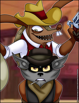 anthro bound brown_body brown_eyes brown_skin buckteeth clothing cowboy cowboy_hat duo frown fur grey_body grey_eyes grey_fur gun hat headgear headwear holding_gun holding_object holding_ranged_weapon holding_weapon kerchief long_ears looking_down looking_up male mask open_mouth open_smile ranged_weapon rope scales sheriff shirt smile tan_body tan_scales teeth topwear vest weapon western yellow_sclera verona7881 sly_cooper_(series) sony_corporation sony_interactive_entertainment sucker_punch_productions tennessee_kid_cooper toothpick_(sly_cooper) armadillo mammal procyonid raccoon xenarthran 2013
