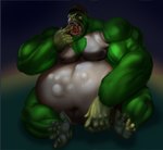 abdominal_bulge anthro barefoot belly big_belly bodily_fluids drooling duo feet fur green_body green_fur male male_pred muscular muscular_male open_mouth oral_vore partially_inside saliva sharp_teeth teeth vore vhyena mintmonkey ape gorilla haplorhine mammal primate