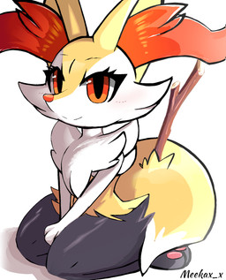 3_fingers ambiguous_anthro ambiguous_gender anthro arm_tuft biped black_body black_fur blush blush_lines cheek_tuft chest_tuft closed_smile digitigrade dipstick_tail eyebrows eyelashes facial_tuft fingers front_view fur hands_between_legs hip_tuft inner_ear_fluff kneeling looking_at_viewer markings mouth_closed multicolored_body multicolored_fur nude_ambiguous nude_anthro object_in_tail orange_body orange_eyes orange_fur orange_inner_ear_fluff orange_nose pawpads pink_pawpads seiza shoulder_tuft simple_background sitting smile solo stick stick_in_tail tail tail_markings thick_eyelashes three-quarter_view tuft two_tone_tail white_background white_body white_fur white_tail_tip yellow_body yellow_fur meekax_x nintendo pokemon braixen canid generation_6_pokemon mammal pokemon_(species) 2023 cel_shading colored digital_drawing_(artwork) digital_media_(artwork) full-length_portrait hi_res portrait shaded