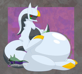 belly big_belly blush feral hoof_on_belly looking_at_belly male multicolored_body onomatopoeia overweight overweight_male red_eyes simple_background sitting smile solo sound_effects tail text thick_thighs vore white_body arceus_tummy nintendo pokemon arceus generation_4_pokemon legendary_pokemon pokemon_(species) hi_res