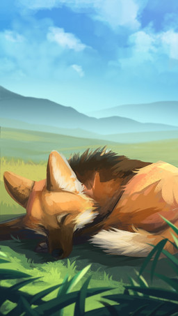 ambiguous_feral ambiguous_gender black_nose blue_sky brown_body brown_fur cheek_tuft cloud day eyes_closed facial_tuft feral fur mouth_closed orange_body orange_fur outside sky solo tuft yookie canid canine mammal maned_wolf hi_res
