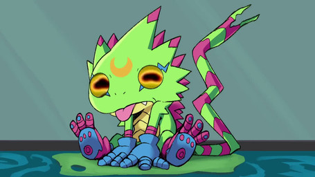 anthro blep green_body humor hypnotic_eyes long_tongue male markings sitting solo striped_markings striped_tail stripes tail tail_markings tongue tongue_out lawuchisw bandai_namco comedy_central digimon digimon_beatbreak futurama hypnotoad digimon_(species) gekkomon scalie 16:9 animated short_playtime sound webm widescreen